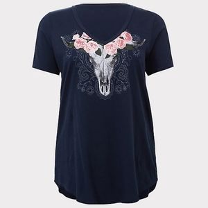 TORRID NAVY FLORAL LONGHORN SKULL LADDER TEE